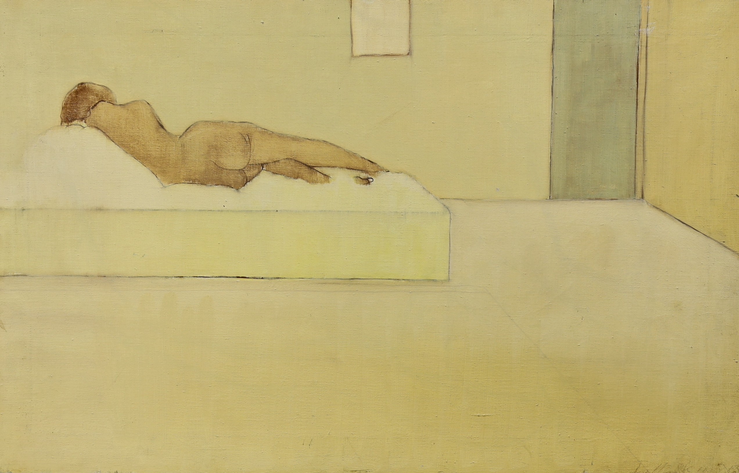 I. Hopkins (20th C.), oil on canvas, Reclining nude in a studio, signed and dated '65, 46 x 71cm, unframed